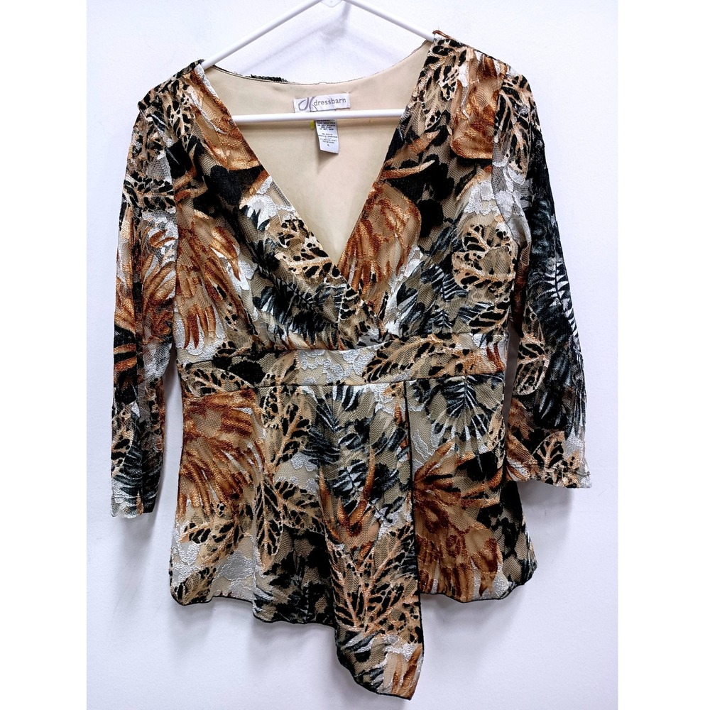 VTG Y2K Dressbarn Top Womens Large Tropical‎ Floral Lace Mesh Asymmetric